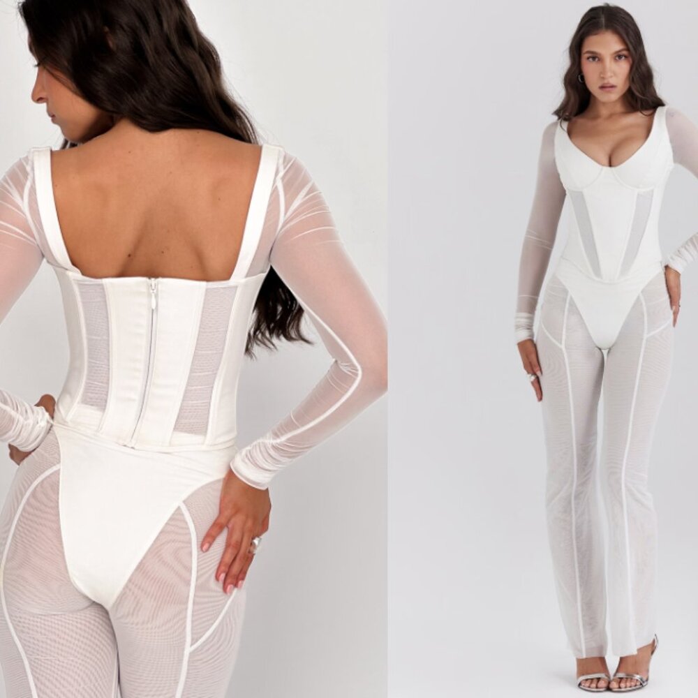 HOUSE OF CB 'Araminta' White Long Sleeve Mesh Corset NWOT